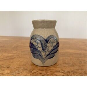 BBP Beaumont Brothers Pottery 3” Crock Salt Glaze Cobalt Blue Heart Wings Design